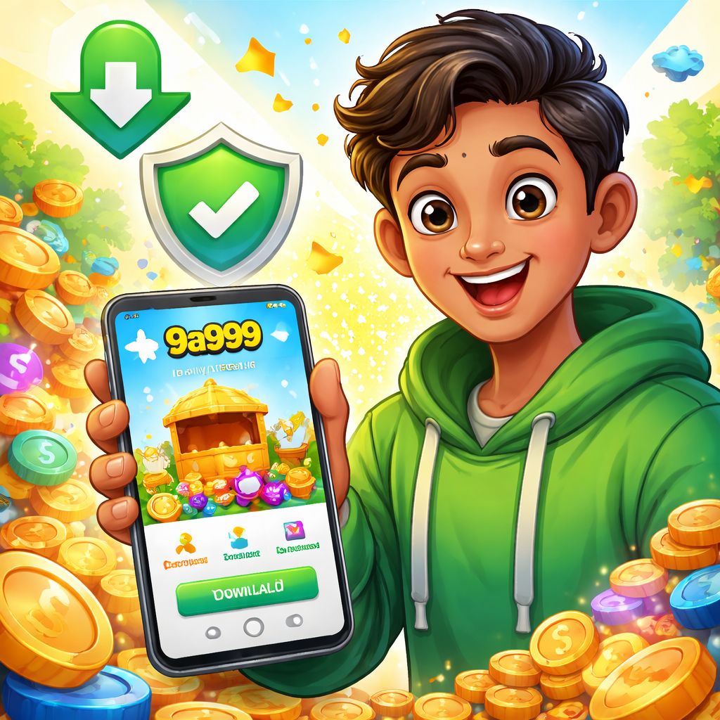 Cartoon mobile gamer using the 9a999 App on an Android phone
