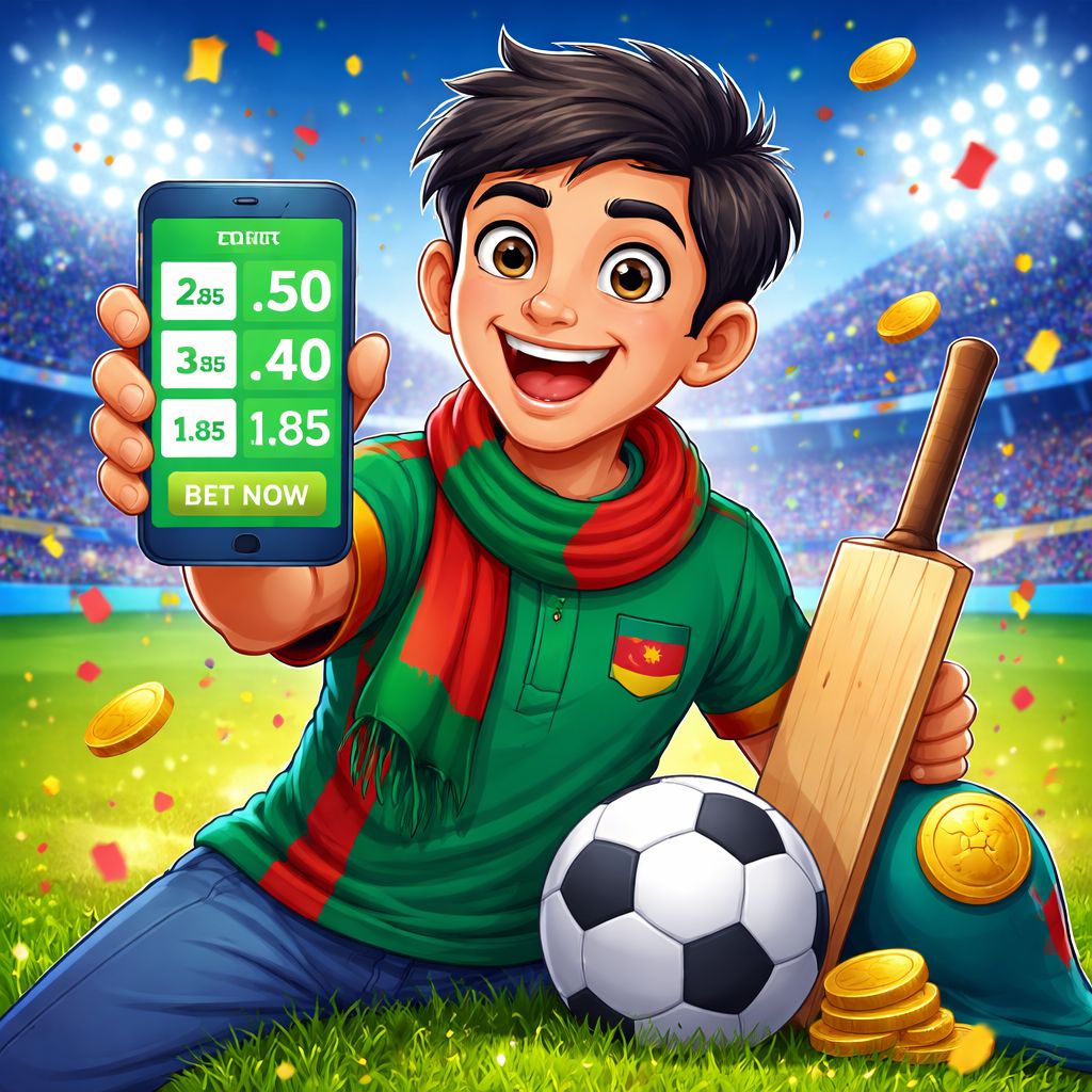 Cartoon sports fan holding a phone with 9a999 Bet odds and stadium lights