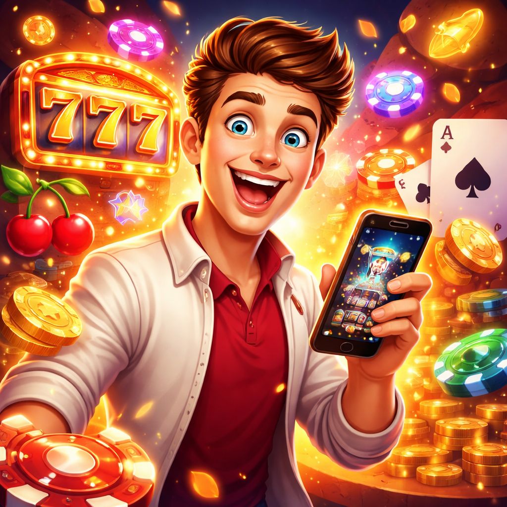 Cartoon casino player holding a phone with coins and bright game icons