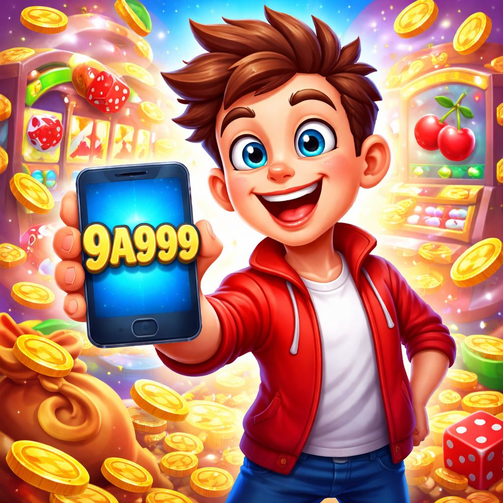 Cartoon 9a999 player holding a phone with coins and casino game icons