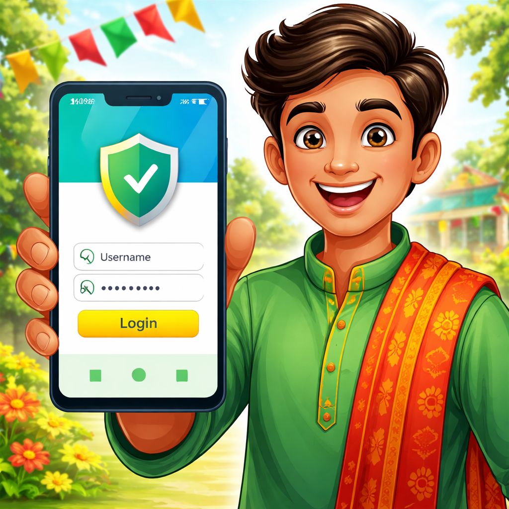 Cartoon character using a secure mobile login screen for 9a999 in Bangladesh