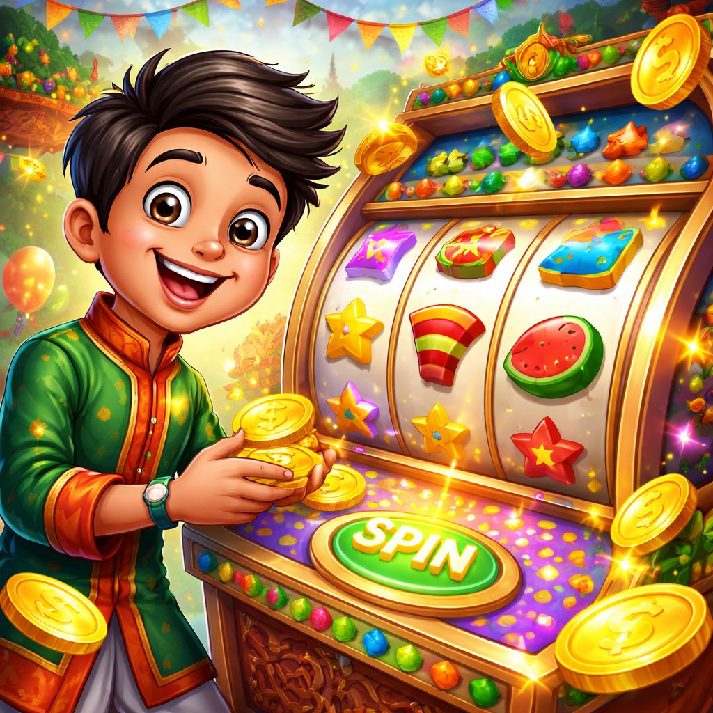 Cartoon 9a999 Slots character spinning colorful reels with coins and stars